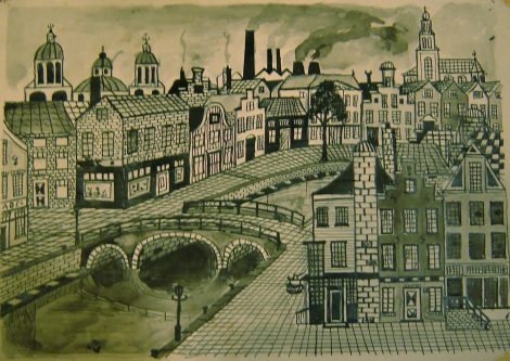 Plasmeijer, Joop; De stad, z.j., aquarel en inkt op papier, 24x33 cm. SH1873bis
